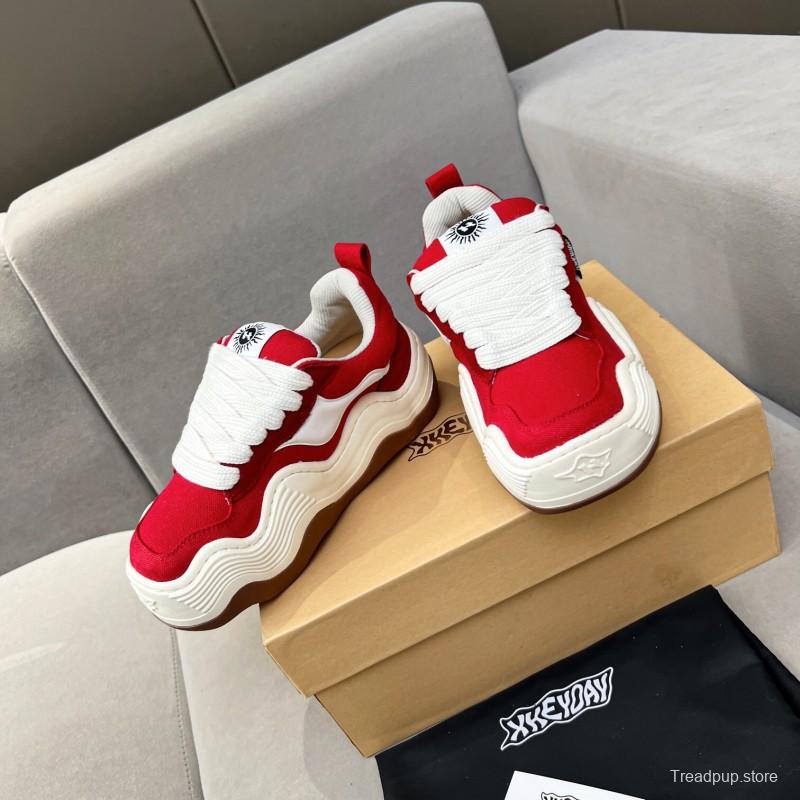 2025 Women HEYDAY Red White Canvas Leather Wave Sneakers