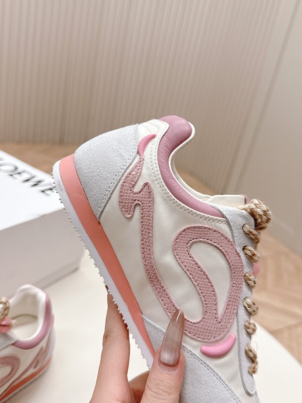2025 Women Loewe Pink White Leather Balletrunner Ballet Sneakers KFY00300(F)