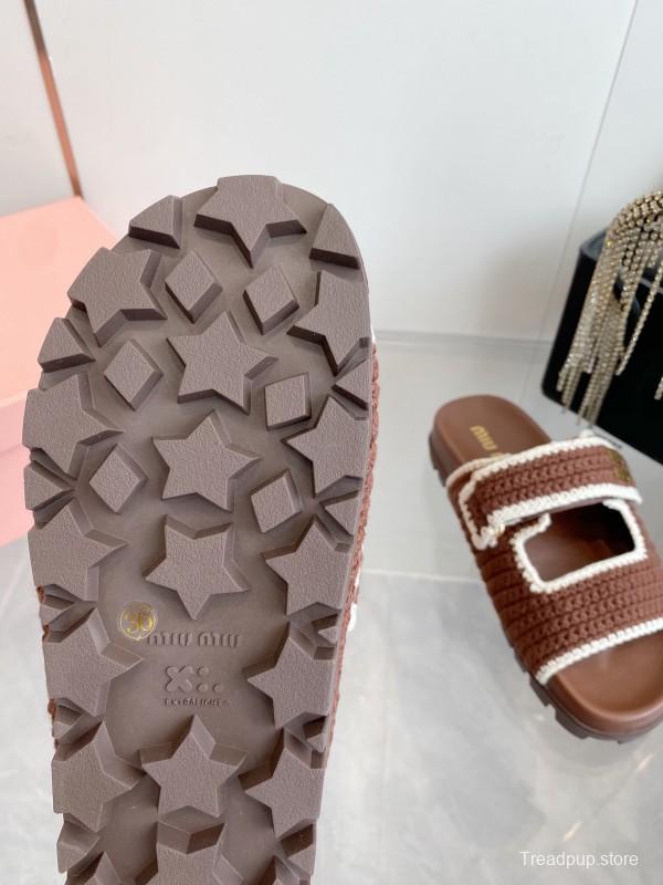 2025 Miu Miu Brown White Crochet Slippers KFY00290