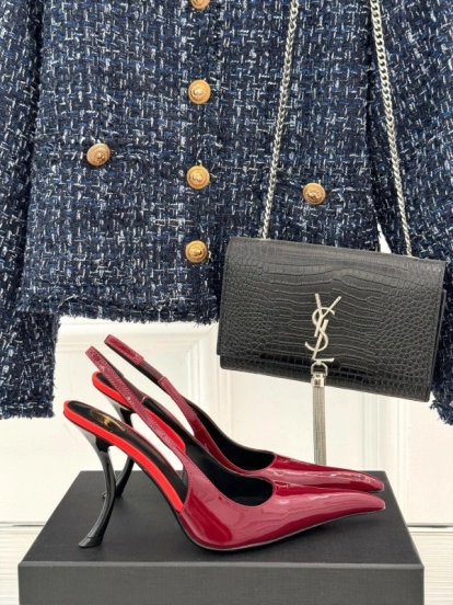 2025 Women Yves Saint Laurent Burgundy Patent Leather Slingback Heels