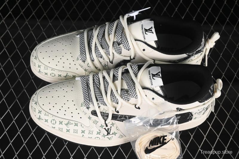 Nike Travis Scott x Fragment Design x Air Jordan 1 Low OG SP Black Print Drawstring Low-Top Casual Sneakers - YX5066-325