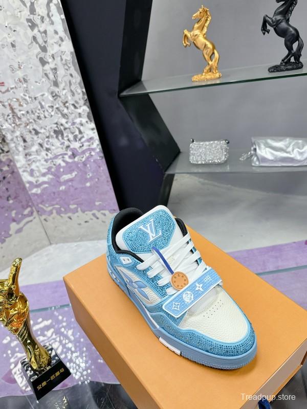 2025 Unisex Louis Vuitton Blue White Leather Denim Plimsolls Beaded LV Trainer AS00400