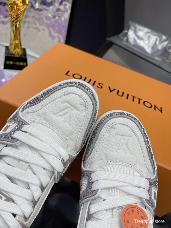 2025 Unisex Louis Vuitton White Silver Leather Fabric Plimsolls Handcrafted Crystals AS00400