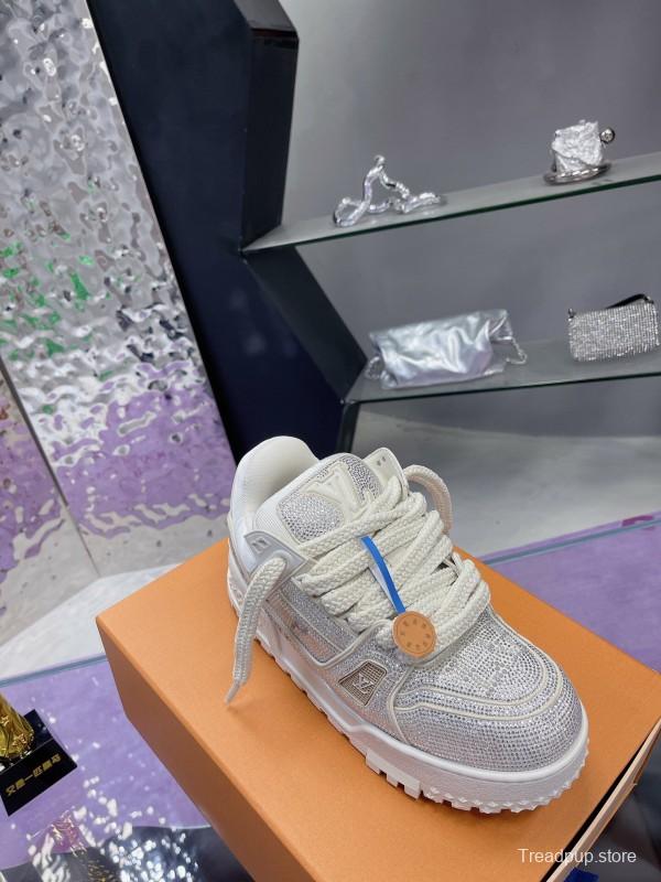 2025 Unisex Louis Vuitton White Crystal Leather Plimsolls Bing Bing AS00420