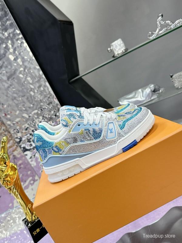 2025 Unisex Louis Vuitton Blue Yellow White Leather Denim Plimsolls Handcrafted Rhinestone AS00400