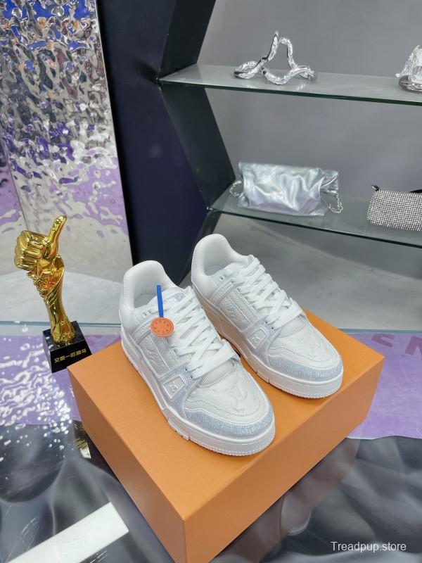 2025 Unisex Louis Vuitton White Leather Denim Trainers With Beads AS00400