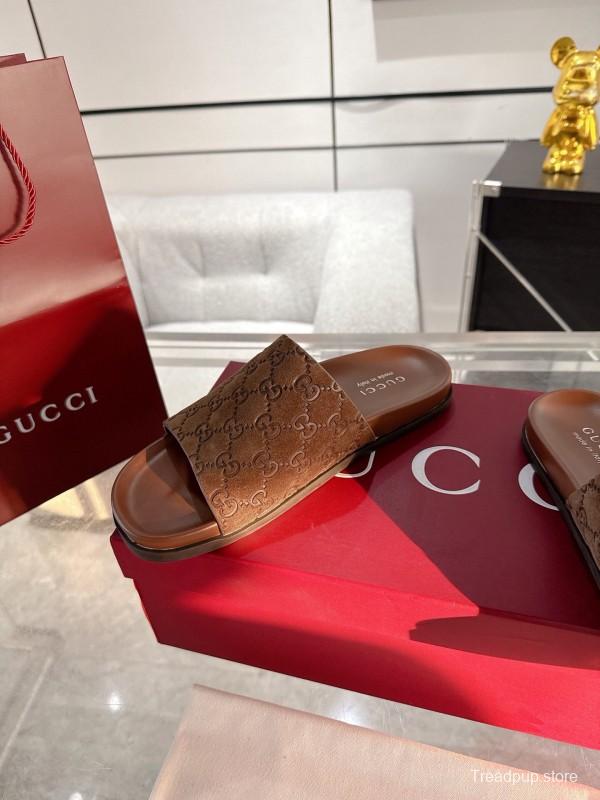 2025 Unisex Gucci Brown Leather Slippers Top Version AS00240