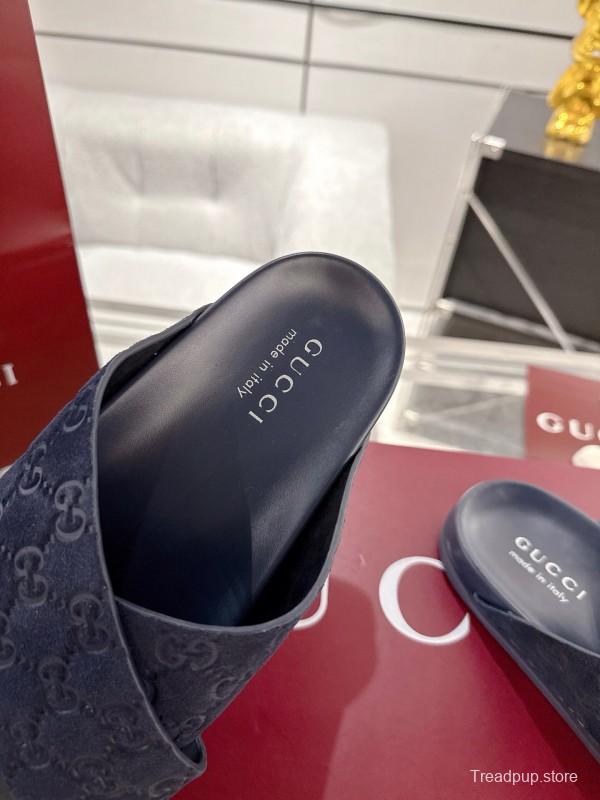 2025 Unisex Gucci Navy Fabric Slippers Double G Embossed AS00240