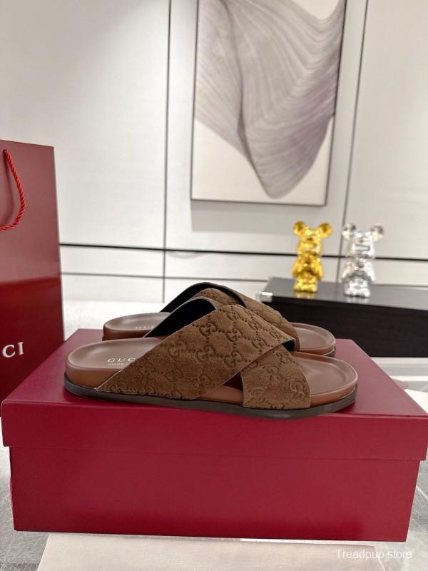 2025 Women Gucci Brown Suede Slippers GG Embossed AS00240