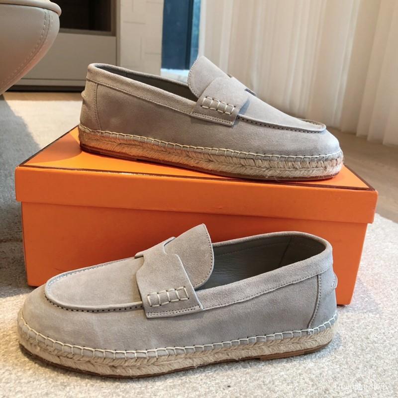 2025 Unisex Hermès Light Grey Calfskin Suede Loafers AS00380