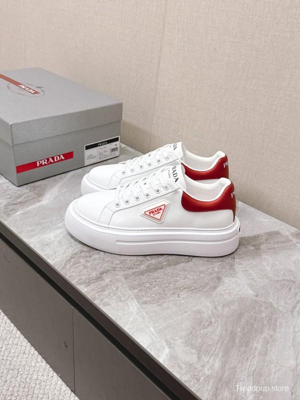 2025 Unisex Prada White Red Calf Leather Sneakers KFY00290