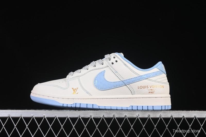 Nike SB Dunk Low LV Collaboration Off-White Ice Blue Gold Label Anniversary High-End Custom Low-Top Casual Skate Shoes - JP1628-005