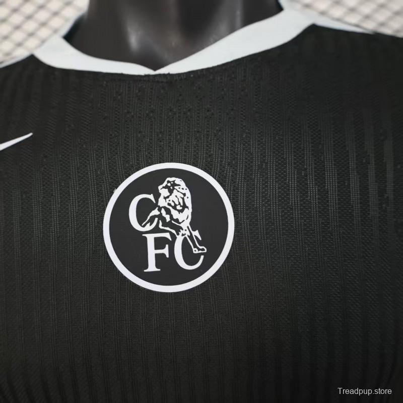25/26 Player Version  Chelsea Away Dark Gray with Vertical Stripe Texture and Blue Piping Jersey