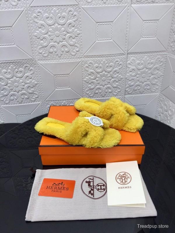 H Teddie Wool H Slippers Flat Sole Fur Slides - LY00240