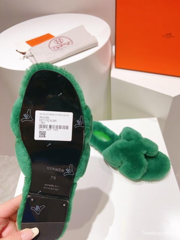 Hermès Teddy Wool H Slippers Flat Fur Slides - LY00240