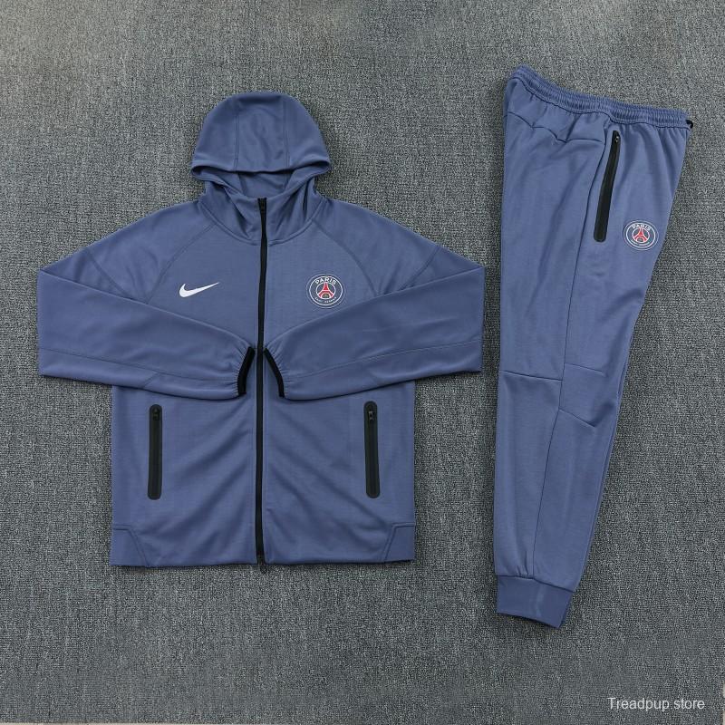 26/27  Paris Saint-Germain Steel Blue Full Zipper Hooded Jacket Tracksuit + Long Pants